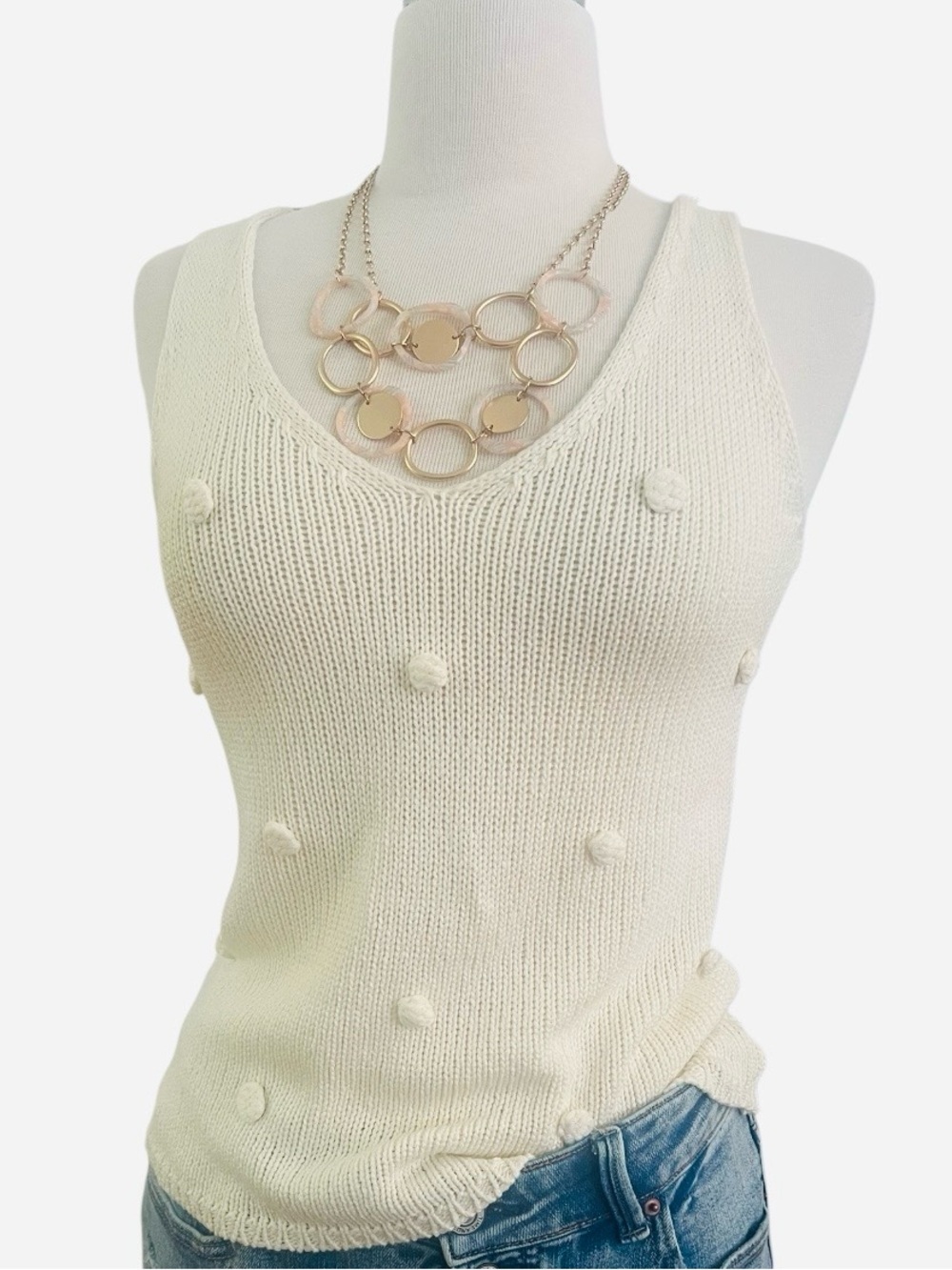 Blu Pepper Cream Knit Pom-Pom Tank Top